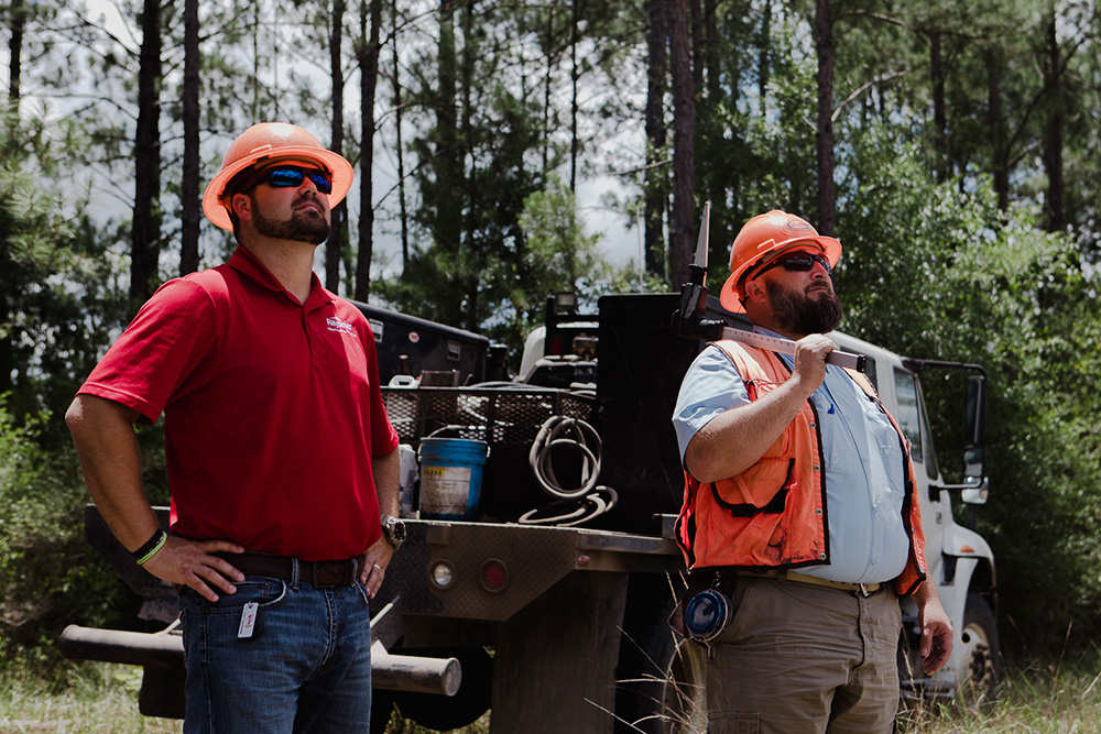 Foresters use scaling tools to measure trees for utility poles