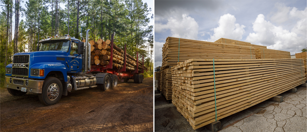 A log truck full of logs and a pile of finished boards