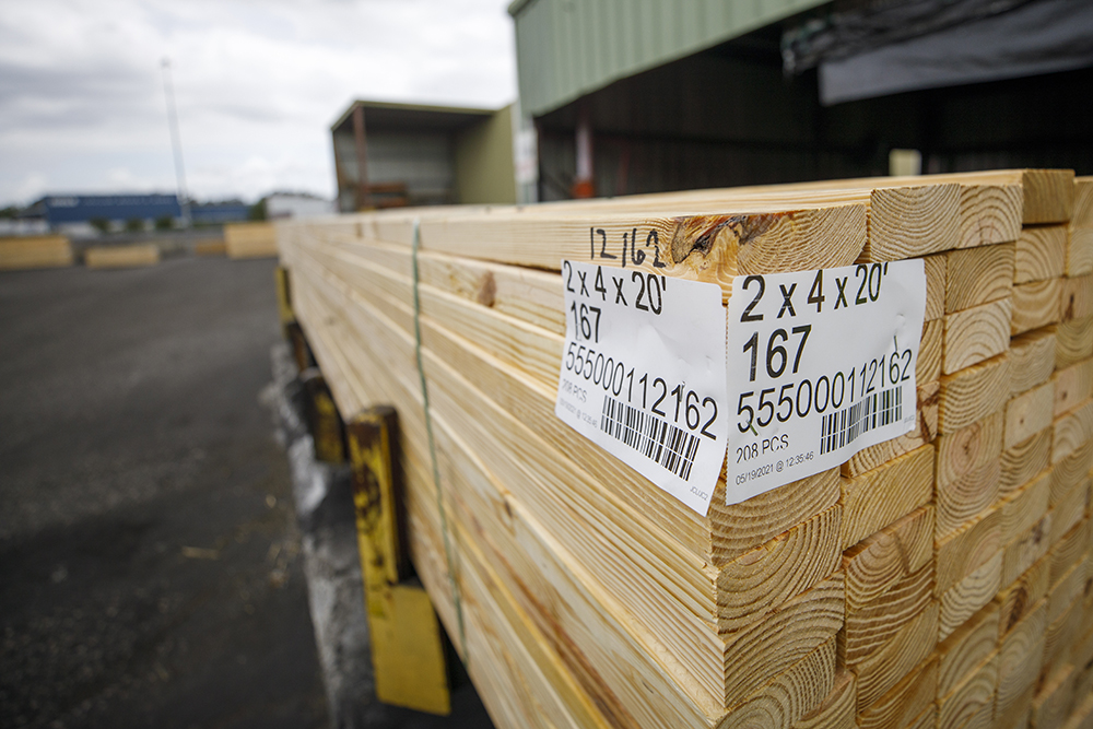 A stack of fresh cut lumber at West Fraser sawmill