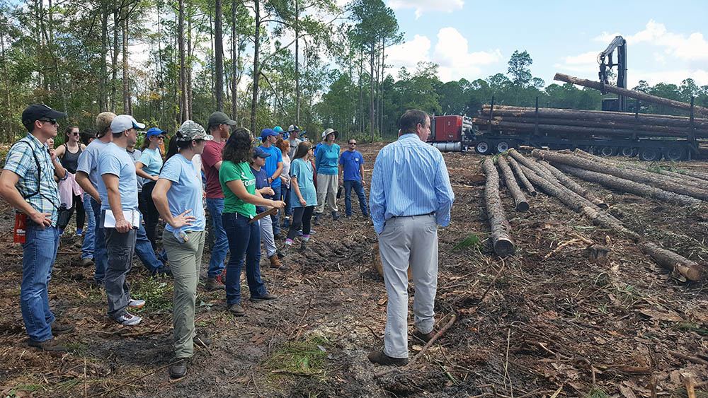 students standing in the forest watching a loader put logs on a log truck