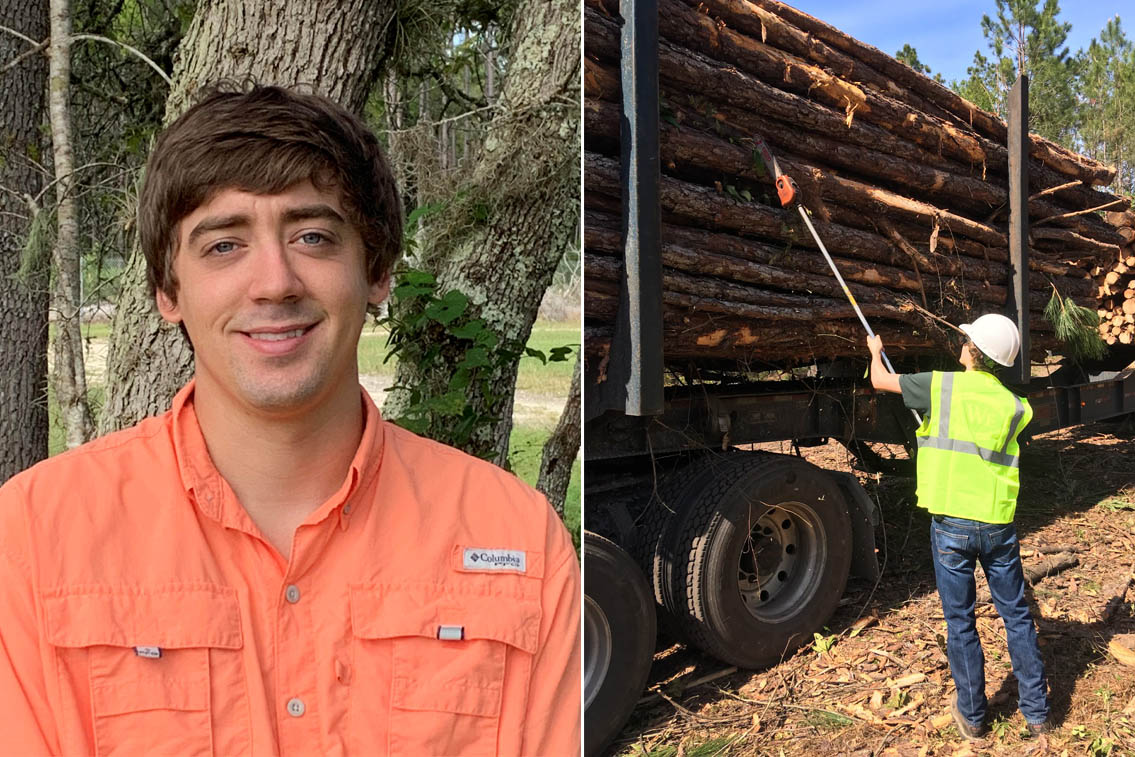A photo of Nolan smiling on his first day at Rayonier, and a photo of him standing by a log truck trimming branches off the logs
