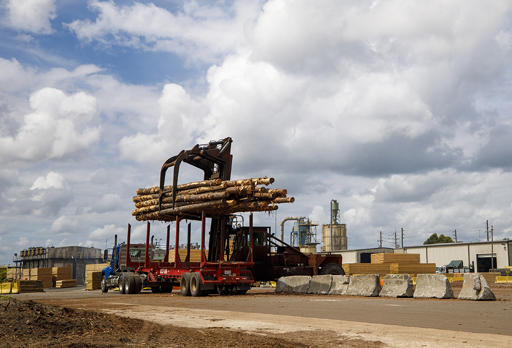 Forklift at Sawmill lifts load of logs off truck