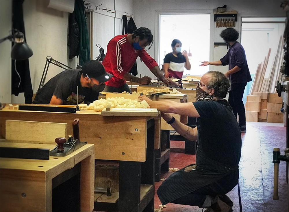 Woodworking students working on wood projects