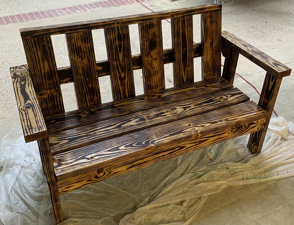 two-seat bench with dark wood grain