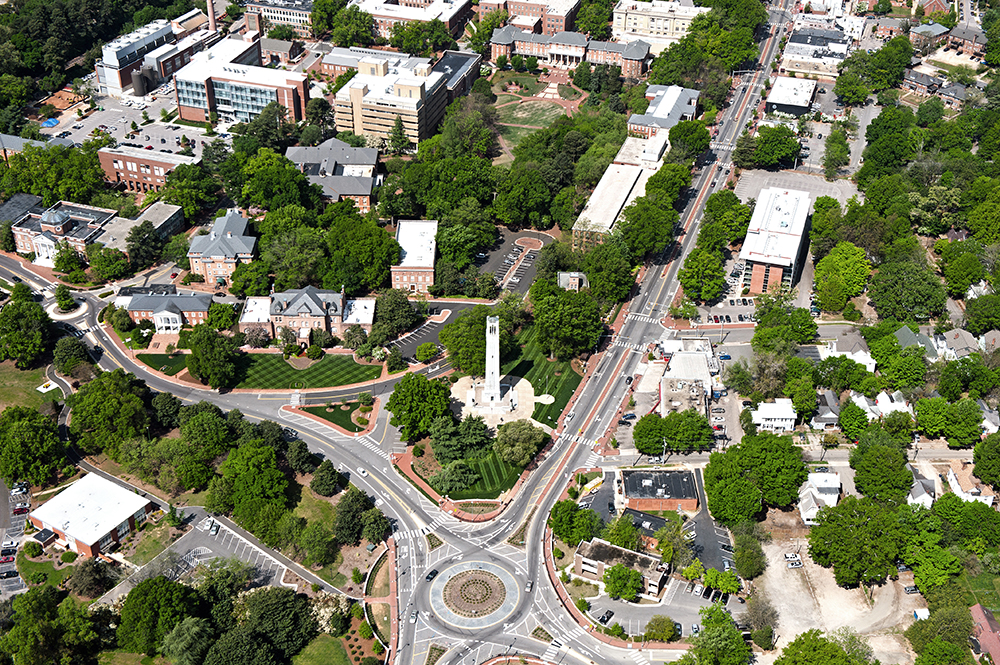 Aerial of NC State University’s main campus is in Raleigh, North Carolina