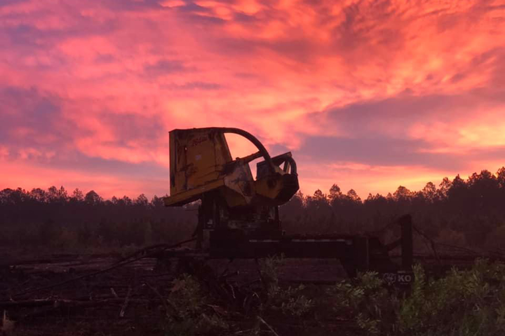 Logging equipment against the sunrise