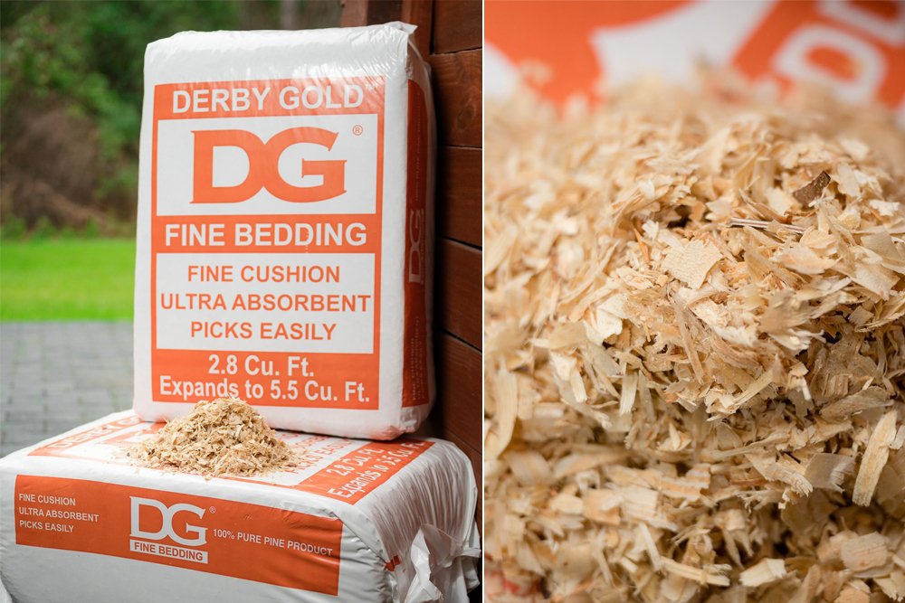 Photo of pine shavings in Derby Gold packaging