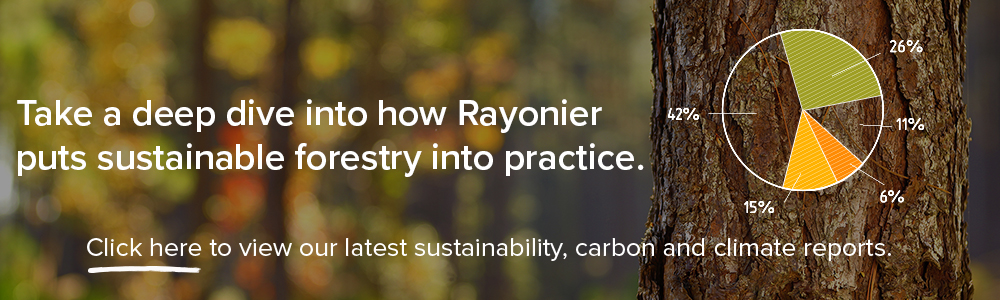 Callout to view Rayonier's latest sustainability, carbon and climate reports. 
