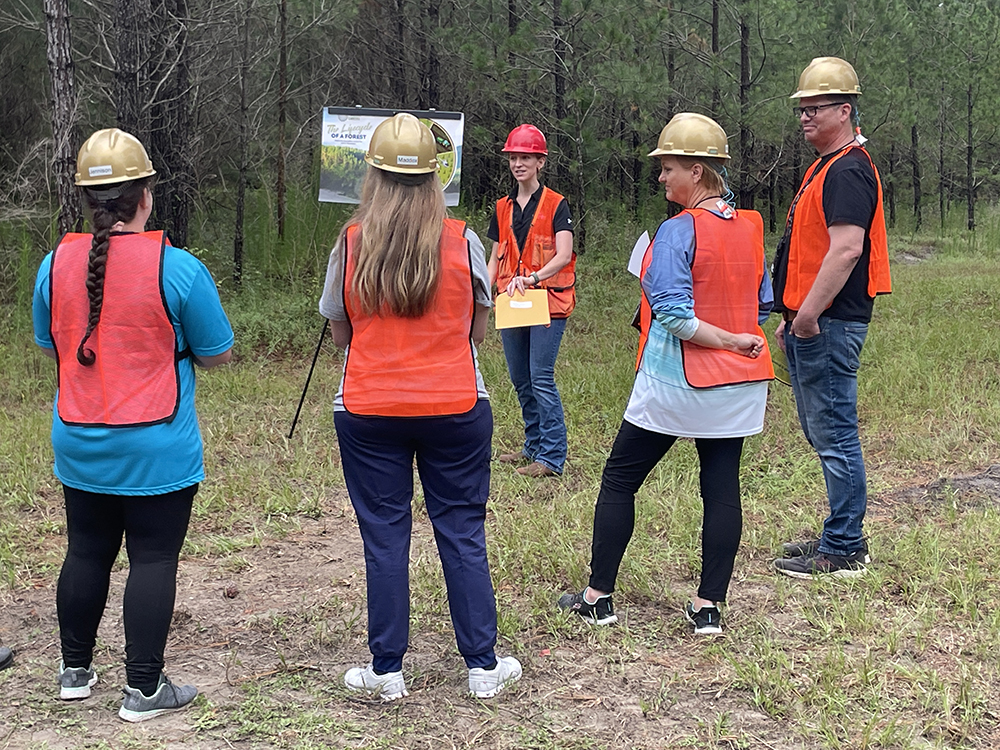 A Rayonier employee stands with a chart and easel in front of teachers in the forest