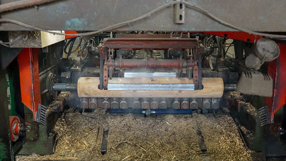 A log in a steam vault being prepared to be peeled.