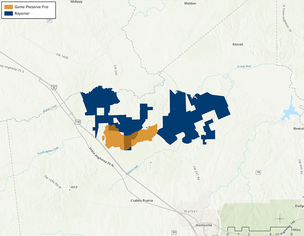 Map showing the wildfires from the Game Preserve Fire compared to Rayonier land.